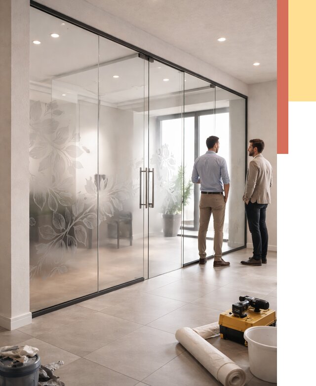 Стеклянные перегородки с рисунком в Сосновом Бору от 12698 руб. монтаж и нанесение | ОТДЕЛОЧНИК-Снб