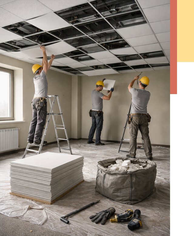 Демонтаж потолка Армстронг в Сосновом Бору от 4571 руб. быстро и недорого | ОТДЕЛОЧНИК-Снб