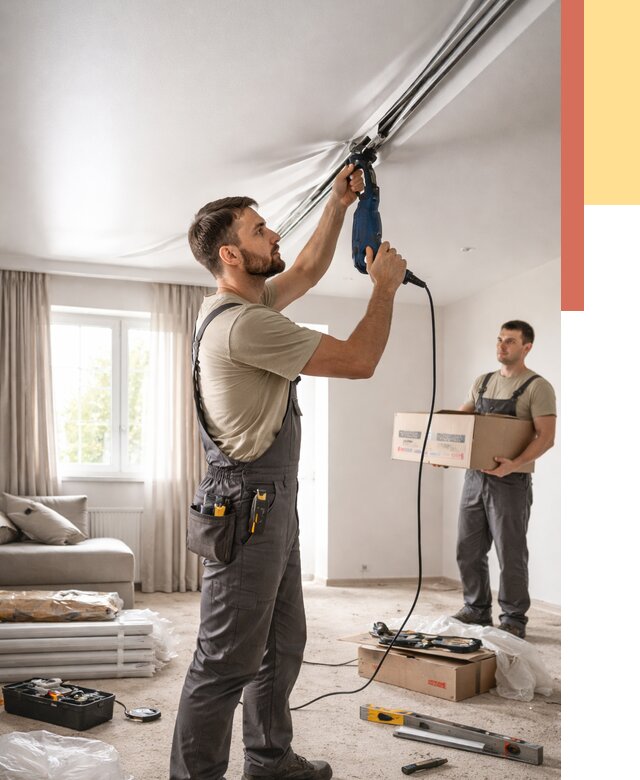 Монтаж сатинового натяжного потолка в Сосновом Бору от 3555 руб. | Быстро, недорого — ОТДЕЛОЧНИК-Снб