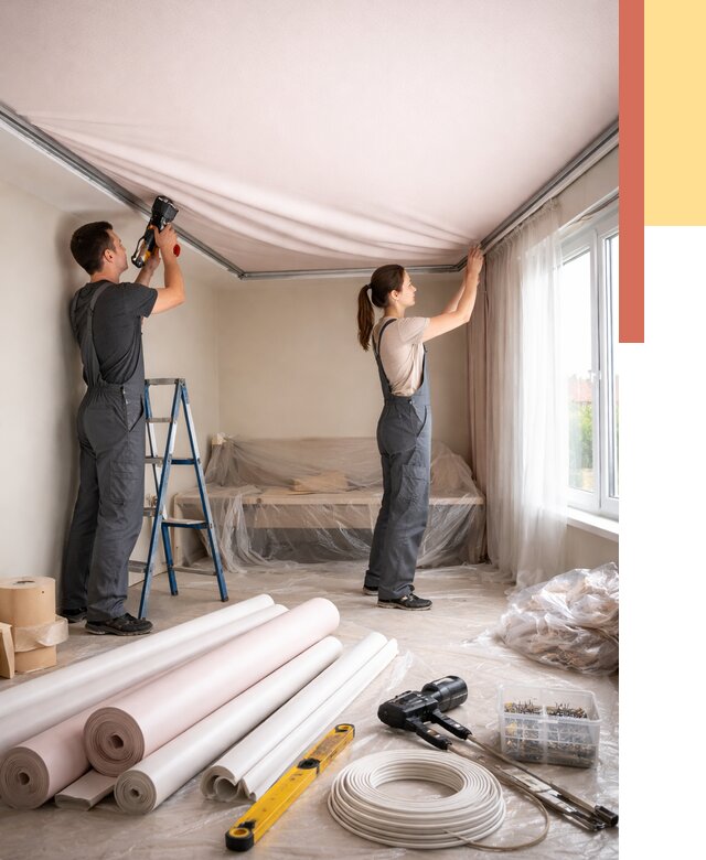 Монтаж цветного натяжного потолка в Сосновом Бору от 4266 руб/м² — быстро и недорого | ОТДЕЛОЧНИК-Снб