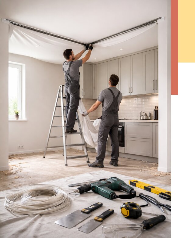 Установка натяжного потолка на кухне в Сосновом Бору от 2438 руб. | ОТДЕЛОЧНИК-Снб