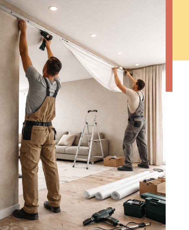 Монтаж натяжного потолка в гостиной в Сосновом Бору от 559 руб. | ОТДЕЛОЧНИК-Снб