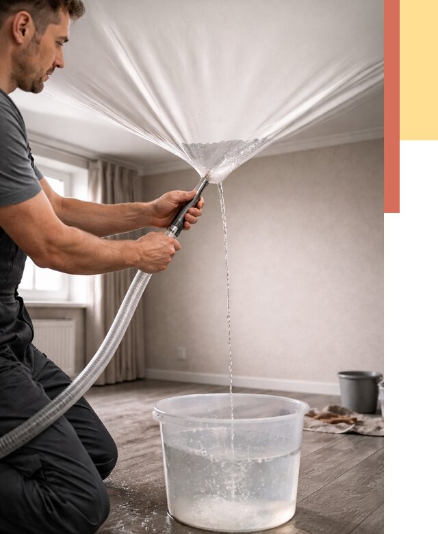 Слив воды с натяжного потолка в Сосновом Бору от 2540 руб. быстро и недорого | ОТДЕЛОЧНИК-Снб