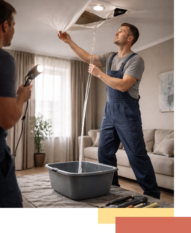 Слив воды с натяжного потолка в Сосновом Бору быстро и аккуратно